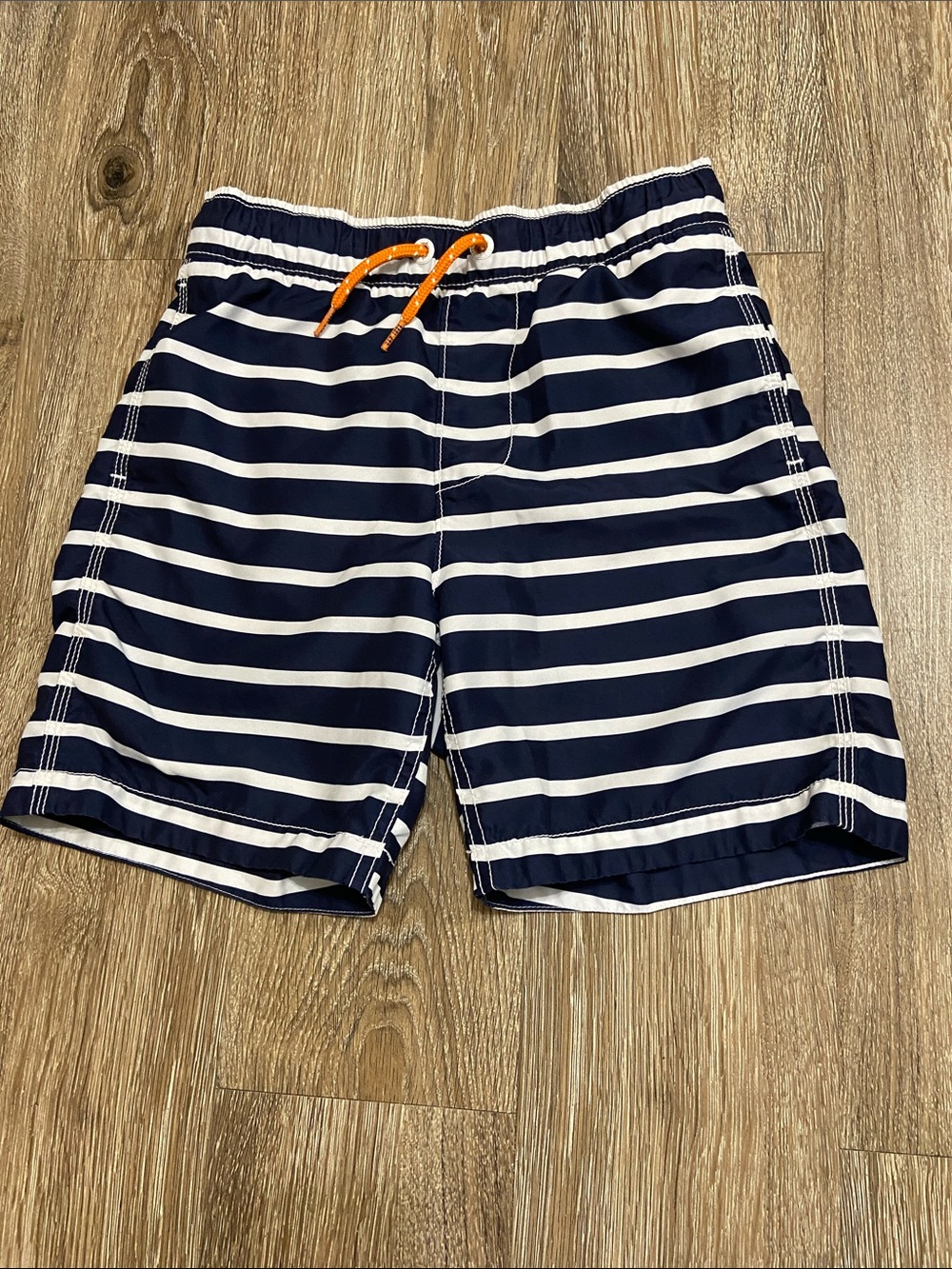 GAP Navy and White Striped Kids Swim Trunks with Orange Drawstring